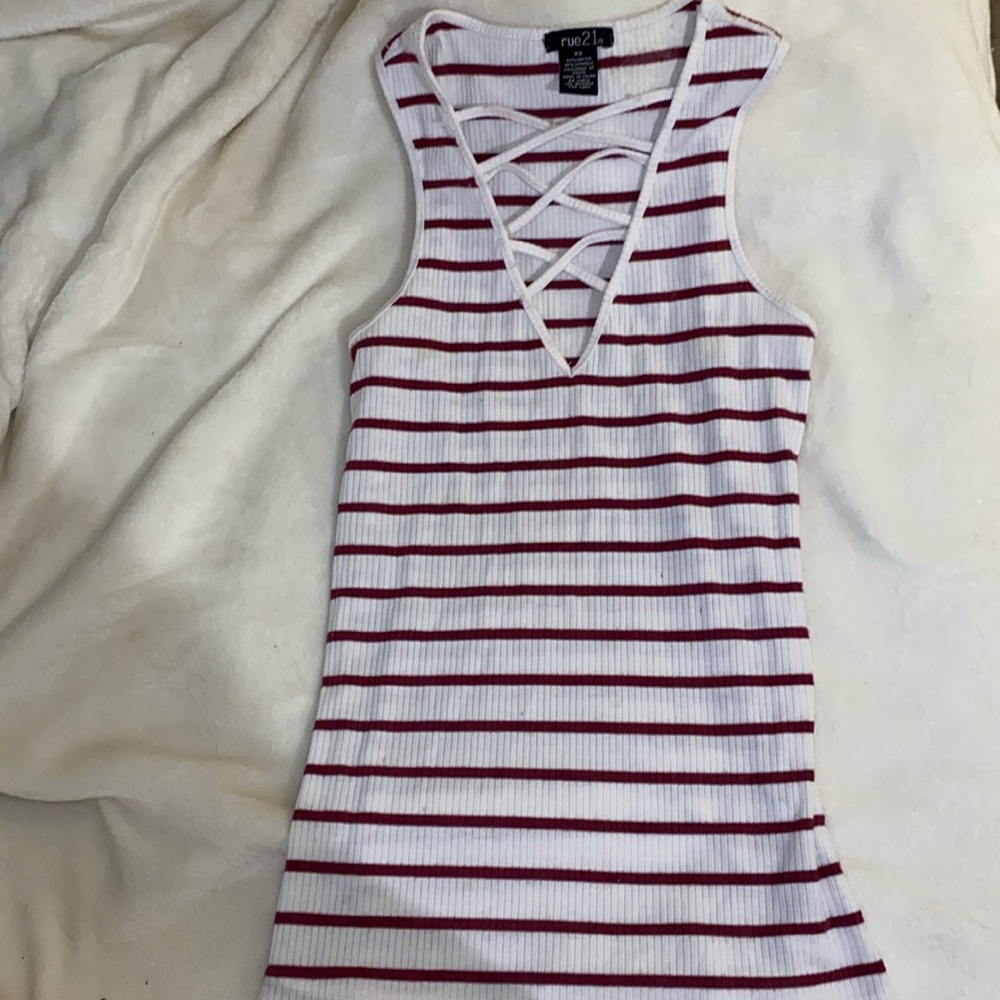 white and maroon striped crop top, size xs in women’s, cross at neck.